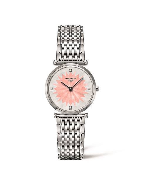 浪琴表新嘉嵐系列玫瑰粉星辰飾紋點鑽時標腕錶(L4.512.4.24.6)，建議售價NT$51,200