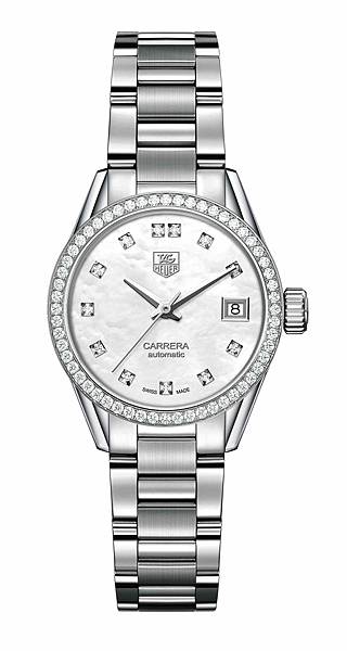 TAG Heuer Carrera Lady女裝腕錶，錶圈鑲鑽鍊帶款，建議售價NT$ 156,500(全新形象視覺錶款)