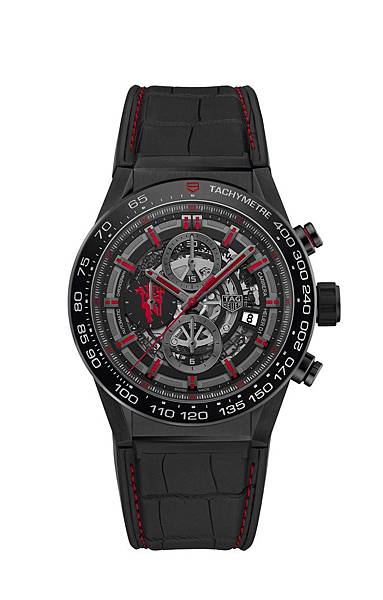 TAG Heuer Carrera Heuer 01 曼聯特別版計時碼錶，黑色鱷魚皮錶帶（2017年版），建議售價NT$ 212,000