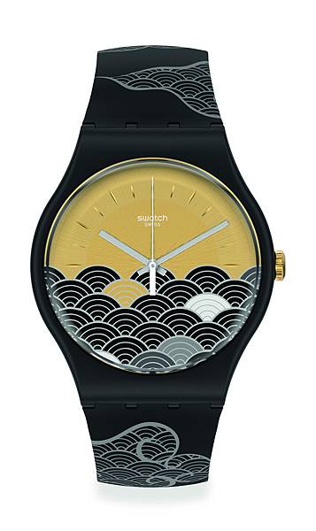 錶殼使用 BIOCERAMIC 生物陶瓷材質，錶帶上的雲朵及錶盤上如山一般的圖案展現冷靜穩重風格，擁有太陽放射飾紋金色錶盤象徵財富，呈現獨特的 Swatch 金色閃光效果。.jpg