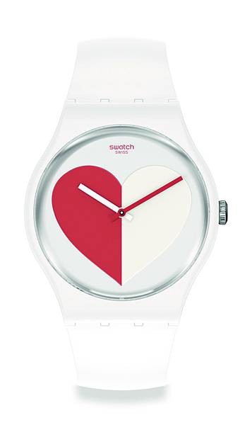 SO29Z113_HALF _3 RED這款情人節系列手錶的獨特之處，是堅固的白色生物來源物料製的錶殼與白色矽膠錶帶。白色錶盤、紅與白指針展現紅白相間的Swatch之心，在黑暗中白色將更加亮眼。.jpg