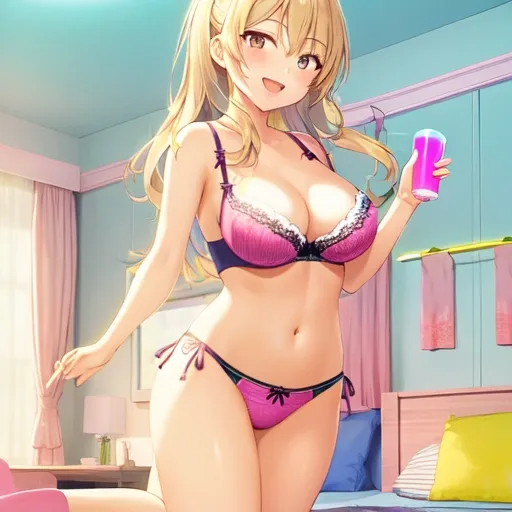 1girl-masterpiece night neon light toned bra panties smile open mouth medium breasts sky full body official art perfect anatomy room bed-432242.png