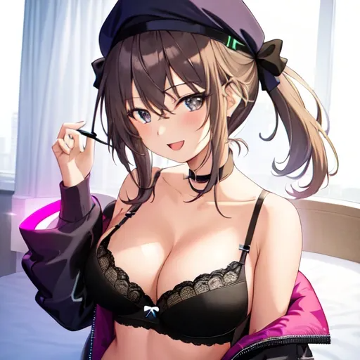 1girl-masterpiece night neon light toned bra panties smile open mouth medium breasts sky full body official art perfect anatomy room bed-705783.png