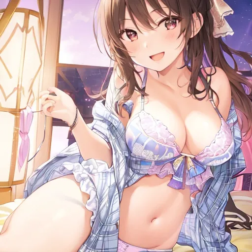 1girl-masterpiece night neon light toned bra panties smile open mouth medium breasts sky full body official art perfect anatomy room bed-717622.png