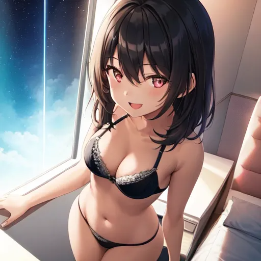 1girl-masterpiece night neon light toned bra panties smile open mouth medium breasts sky full body official art perfect anatomy room bed-787620.png