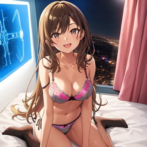 1girl-masterpiece night neon light toned bra panties smile open mouth medium breasts sky full body official art perfect anatomy room bed-787622.png