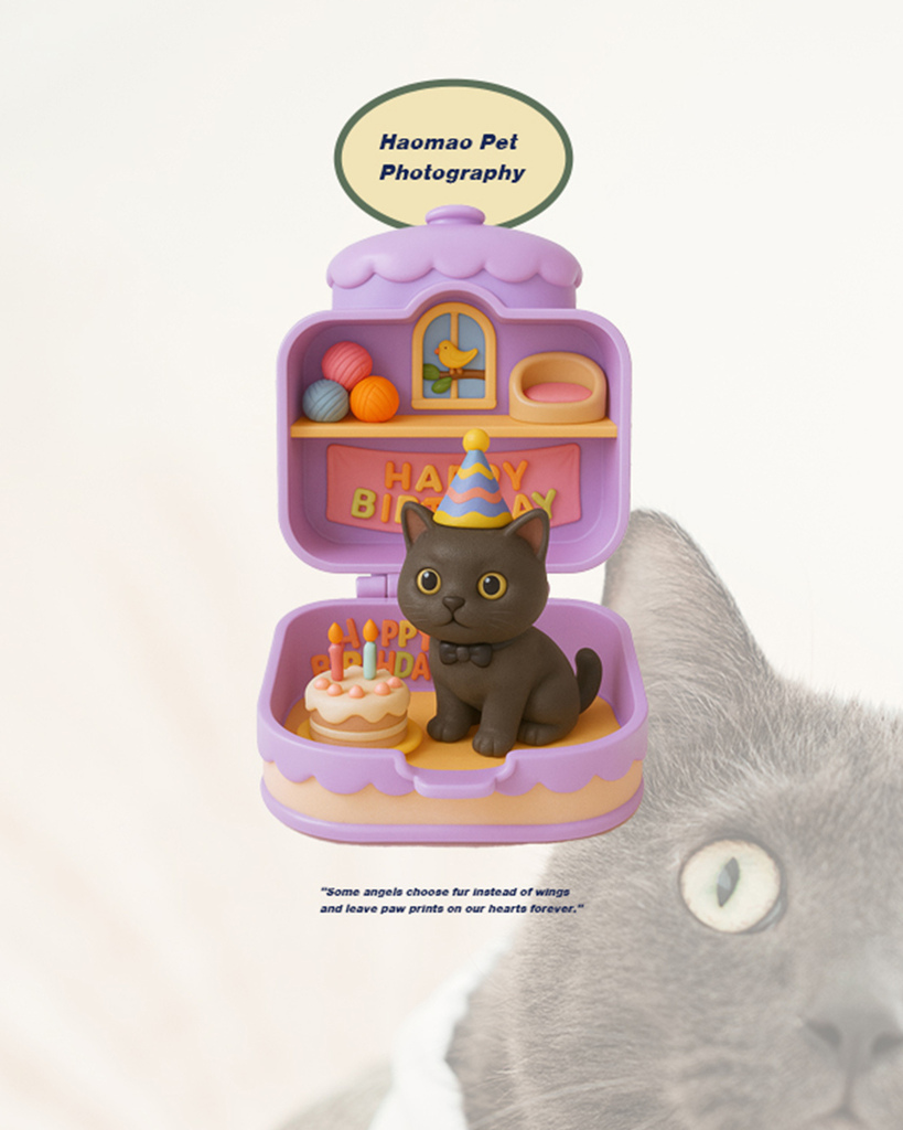 polly pocket風格寵物AI圖像 用AI製圖生成寵物寫真貓貓的慶生圖