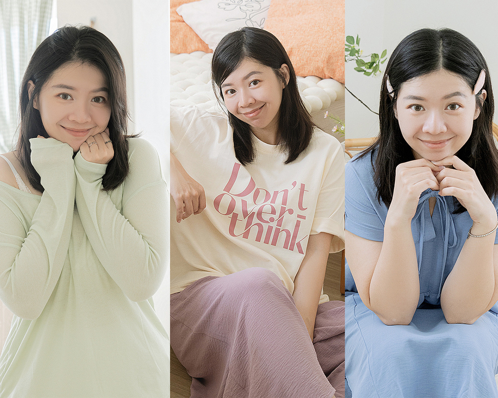 棉花糖女孩示範三套夏季穿搭：薄荷綠露肩針織上衣、粉嫩字母T恤搭配薰衣草紫裙，以及蝴蝶結領口的淡藍洋裝，展現甜美風與日系感兼具的穿搭靈感