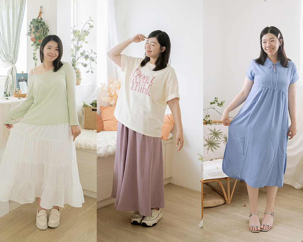 大尺碼女孩穿著三款OB設計的夏季穿搭：薄荷綠針織上衣配白色層次裙、白T搭配紫色長裙、淡藍蝴蝶結洋裝，展現甜美風、顯瘦剪裁與日系度假感
