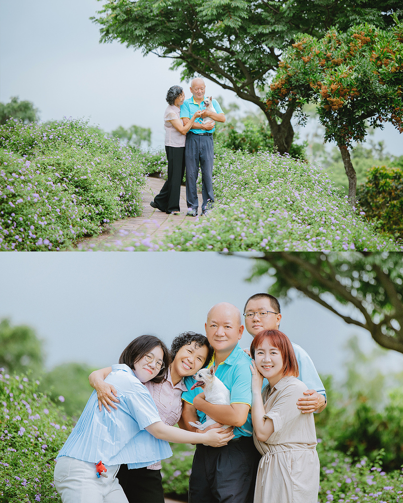 台中自然風格寵物寫真母親節全家福 花園合影紀錄高齡毛孩陪伴 一組家人在台中花園中合影,背景為綠樹與紫色花卉。其中一人懷抱著高齡白色小型犬,畫面自然溫馨,展現毛孩與家人間的真實陪伴與情感連結。此照片為母親節寵物寫真的一部分,屬於自然風格的寵物全家福拍攝