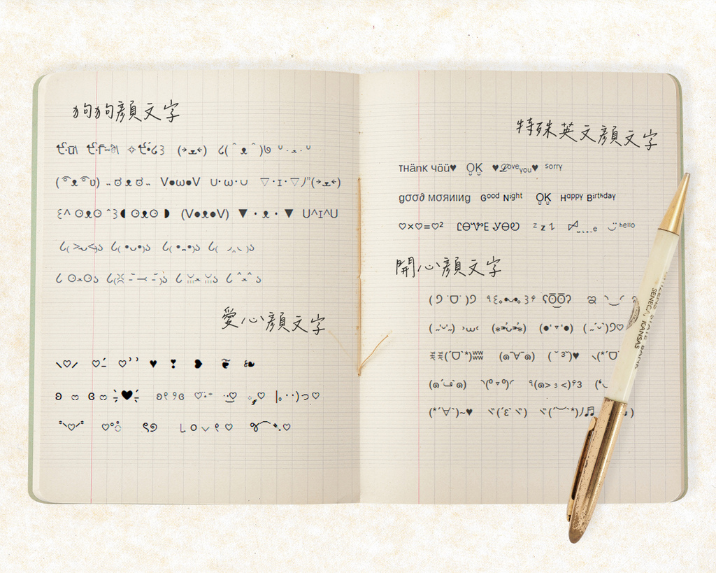 2025可愛顏文字&表情符號手帳整理中英混搭特殊字體、花邊分隔線一次收藏! 打開的手帳展示2025可愛顏文字與表情符號整理,包含中英文短語、特殊字體、花邊分隔線與狗狗顏文字,適合文案排版與社群貼文使用。
