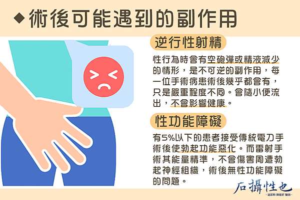 .在手術後需留置導尿管 2~4 天，會以無菌生理食鹽水沖洗，直至流出的尿液清澈或淡粉紅色；術後第一天可能有鮮紅色尿液攝護腺手術後多久可以性行為