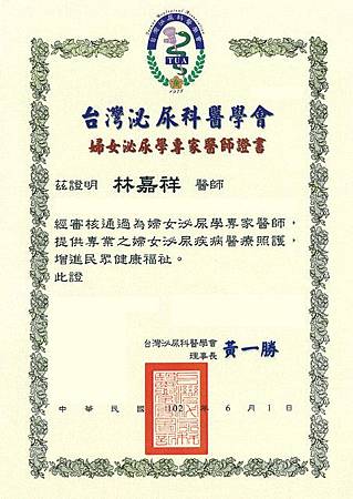 林嘉祥主任婦女泌尿學專家證書