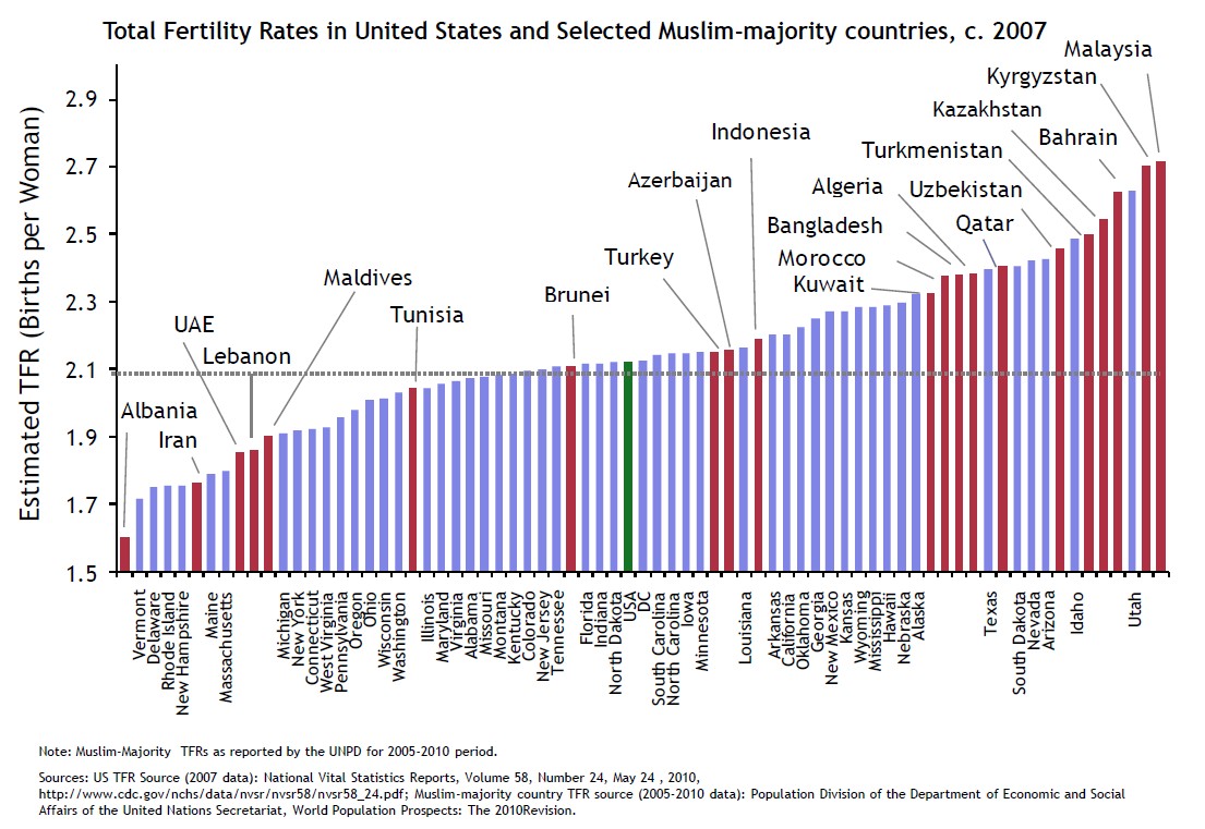 Total Fertility Rates in United States and Selected Muslim-majority countries, c. 2007