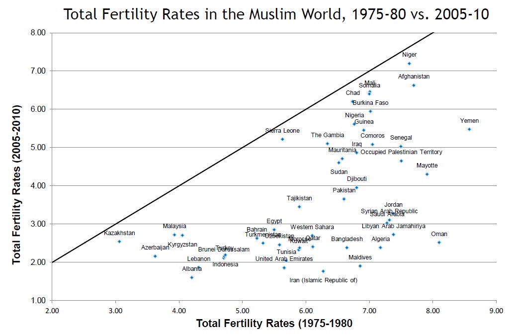 Total Fertility Rates in the Muslim World, 1975-80 vs. 2005-10