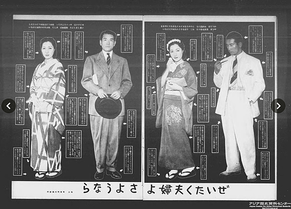 1940年9月的《寫真週報》批評喜愛上等材質服飾的人民（圖右），並呼籲民眾穿著樸素的服裝（圖左）過日子。.png
