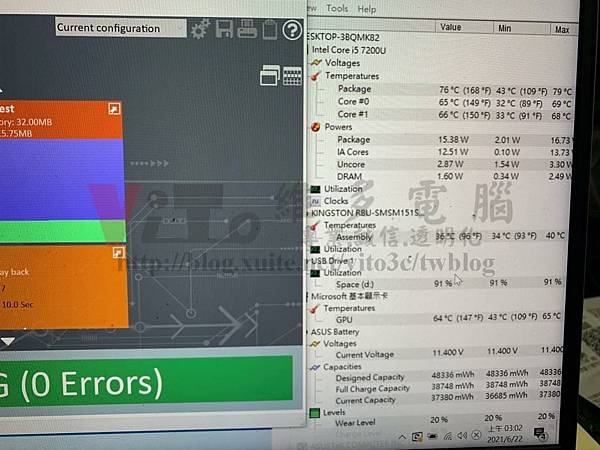 UX410U 散熱清理後的溫度 CPU約76度 顯示卡約64度