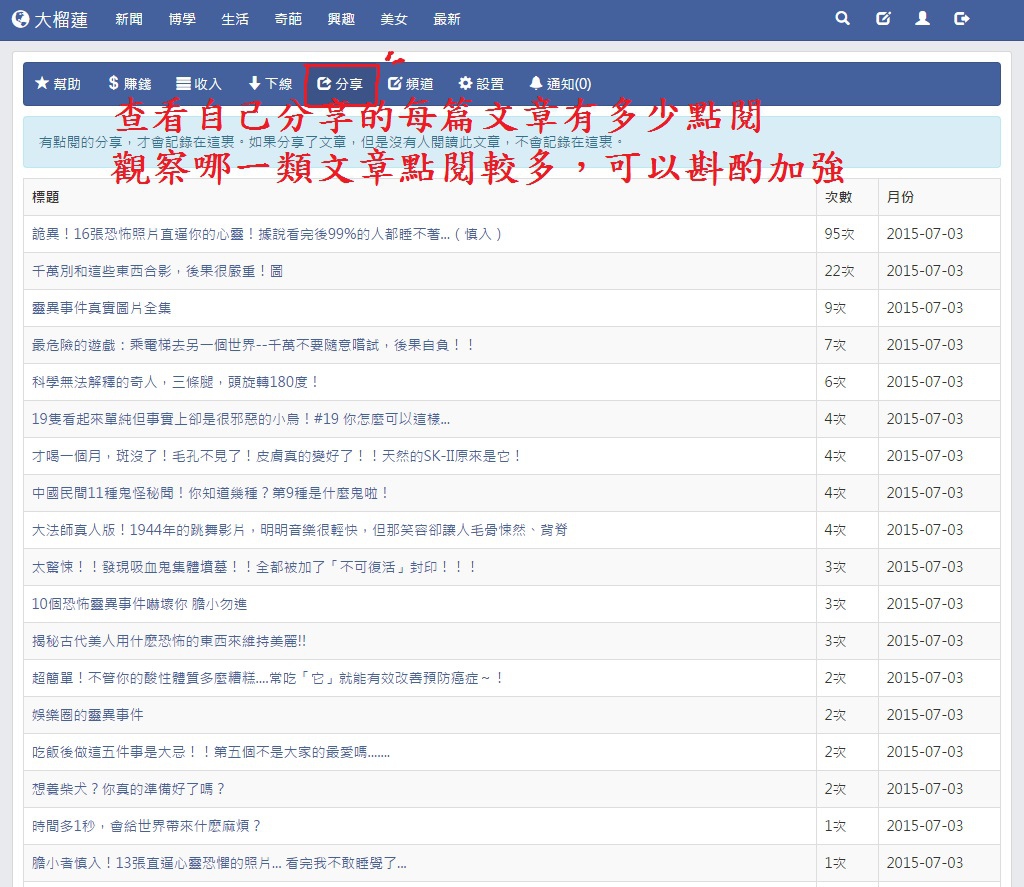 大榴槤網賺分享文章平台-步驟5-查看自己分享的每篇文章有多少點閱