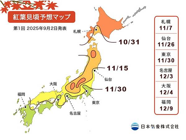 2025年紅葉(楓葉)、黃葉(銀杏) 第1次預測
