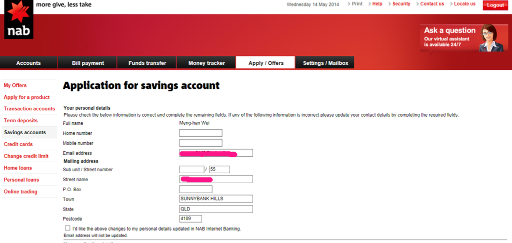 nab account detail apply reward saving account