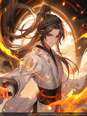 中式古風纖細美青年，金色眼睛，黑色長髮高馬尾，白色長袍上金色的線，腰間綁黑色流蘇及玉珮，戰鬥，守護，背景有蓮花形狀的火焰，微笑，手上閃爍金色光芒和火焰，堅定的眼神02.png