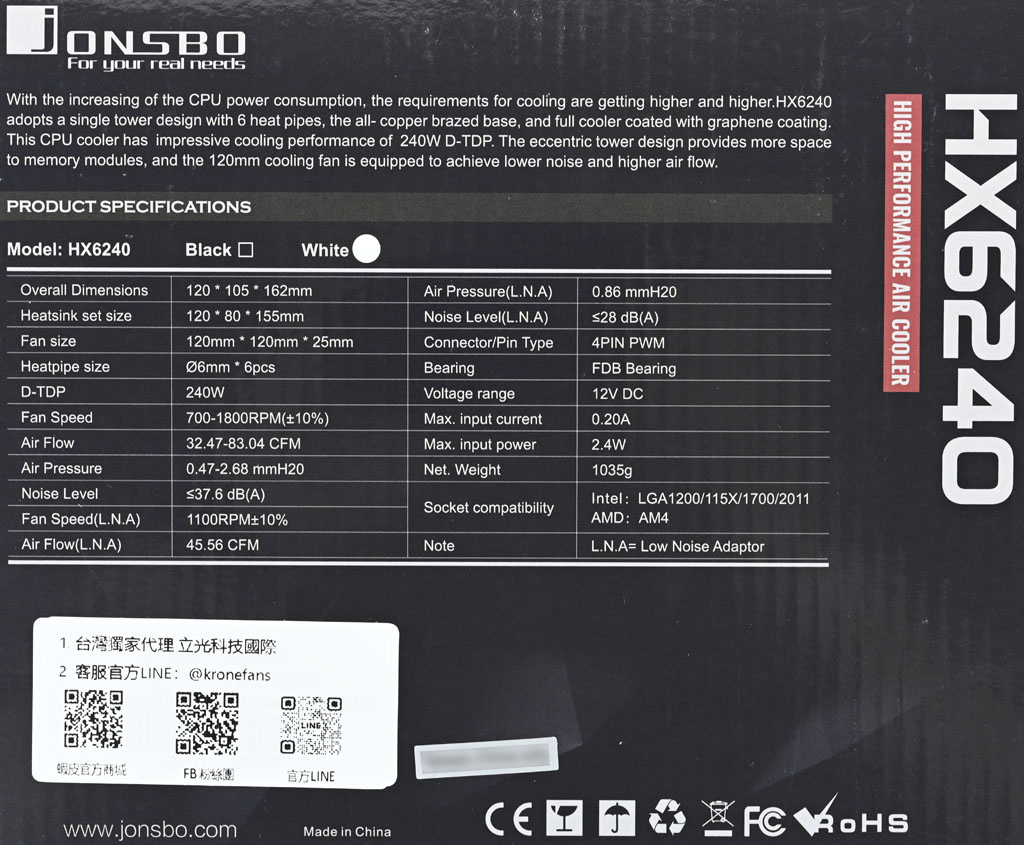 JONSBO喬思伯HX6240白色款散熱器簡介及測試