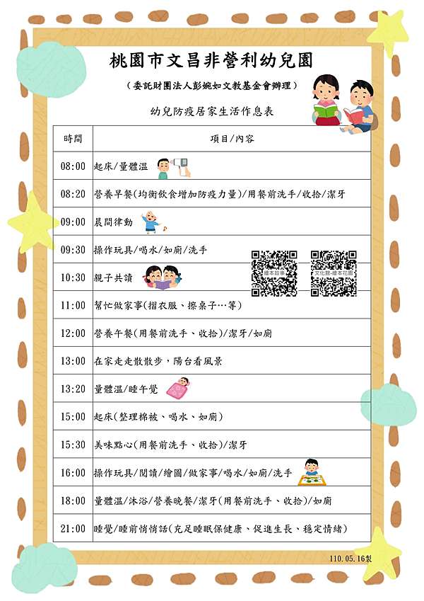 幼兒防疫居家生活作息表 桃園市文昌非營利幼兒園 委託財團法人彭婉如文教基金會辦理 痞客邦