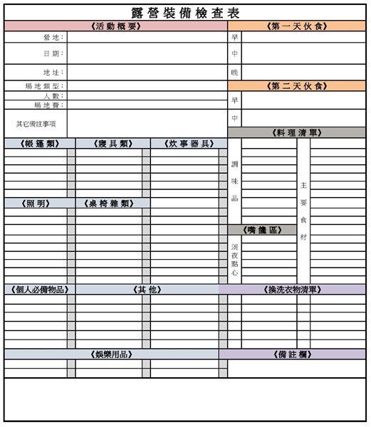 露營裝備檢查表
