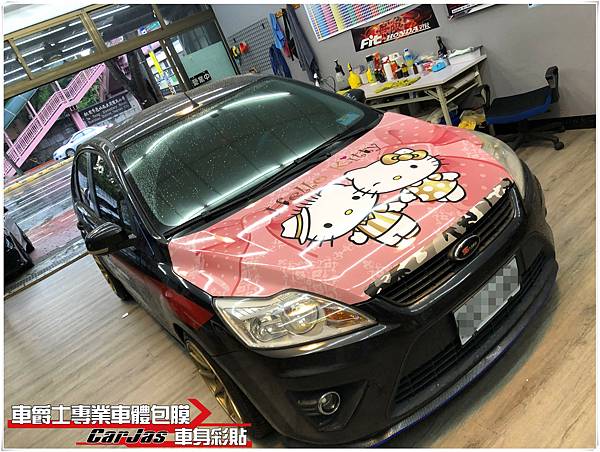 車爵士車體包膜車身彩貼-FORD FOCUS 客製化KITTY引擎蓋彩貼