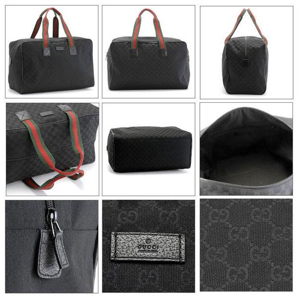 GUCCI-全新時尚綠紅綠織帶大號旅行包肩背包 型號146310黑色  尺寸W46H31D18CM 3200 (1)