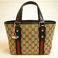 GUCCI-139261經典咖啡色綠紅綠織帶小號公仔購物包尺寸H18W25D11CM~2600