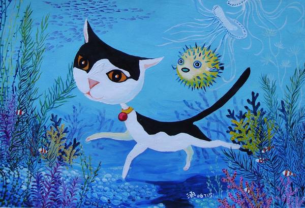 swimming cat or cat under the sea