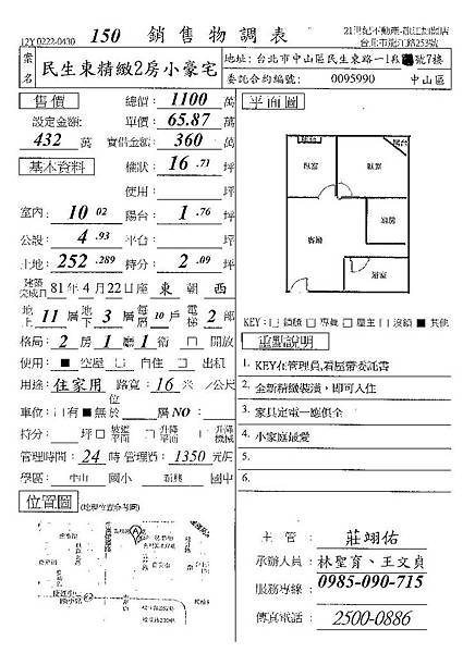 民生東路精緻2房小豪宅售屋資料