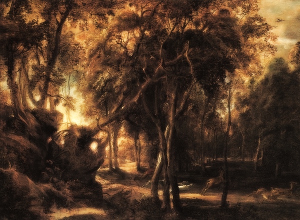 RUBENS, Peter Paul A Forest at Dawn with a Deer Hunt, ca. 1635