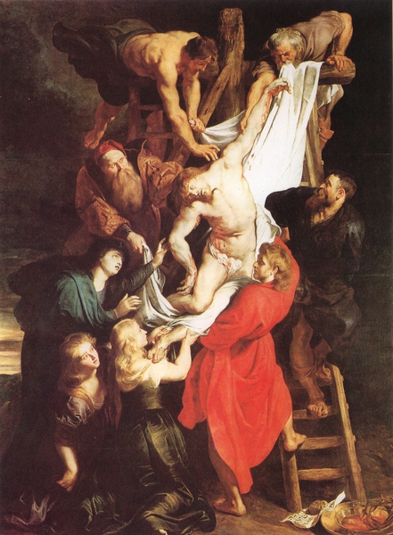 從十字架上解下的基督，是三幅聖堂上連續作品最中央的一幅油畫（比利時安特衛普大教堂）