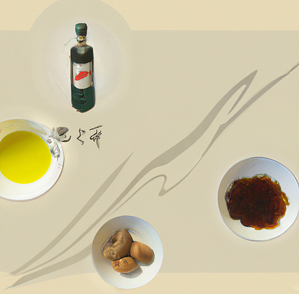 yellowdaddy2023-03-15 18.04.13 - Cooking Applications of Nut Oils_ Various Choices such as Olive Oil, Walnut Oil.  in a traditional Japanese painting style.