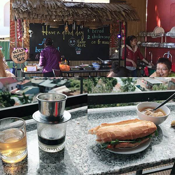 照片上方是餐廳,下方為10,000 VND的越南咖啡跟提供的免費早餐、湯品、越南茶跟香蕉,有時候還有豆漿。