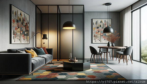 DALL·E 2023-10-15 18.25.47 - Illustration of a contemporary living and dining room. A deep gray couch is complemented by a hexagonal black coffee table and a colorful rug. The wal.png