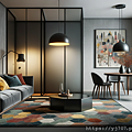 DALL·E 2023-10-15 18.25.47 - Illustration of a contemporary living and dining room. A deep gray couch is complemented by a hexagonal black coffee table and a colorful rug. The wal.png