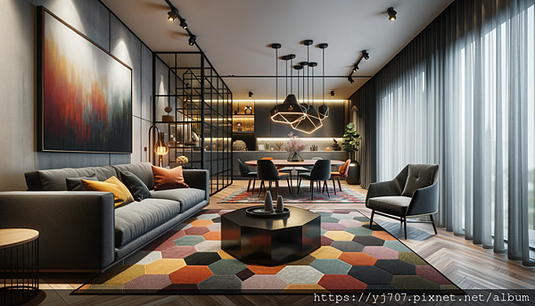 DALL·E 2023-10-15 18.32.18 - Wide photo of a modern living and dining area. The living space features a deep gray sofa on a multicolored rug, and in front stands a black hexagonal.png