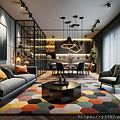 DALL·E 2023-10-15 18.32.18 - Wide photo of a modern living and dining area. The living space features a deep gray sofa on a multicolored rug, and in front stands a black hexagonal.png