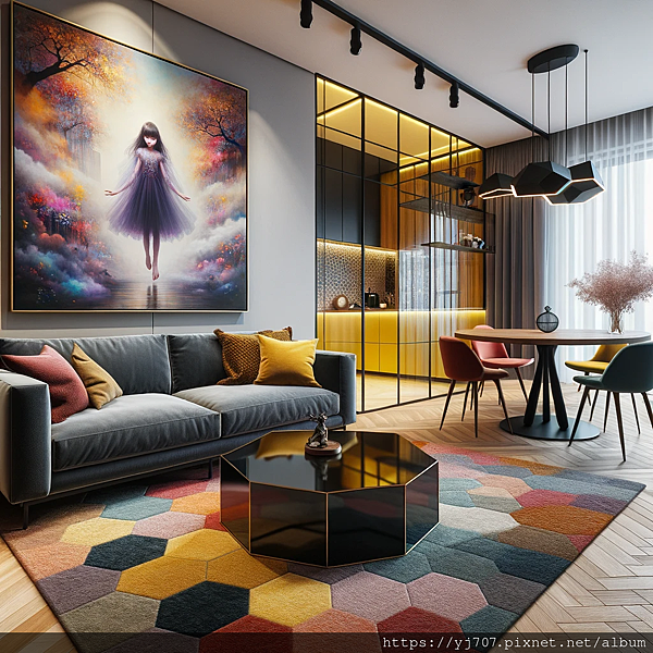 DALL·E 2023-10-15 18.30.31 - Photo of a stylish modern living area with a standout deep gray sofa, a colorful rug, and an eye-catching black hexagonal coffee table. Above the sofa.png