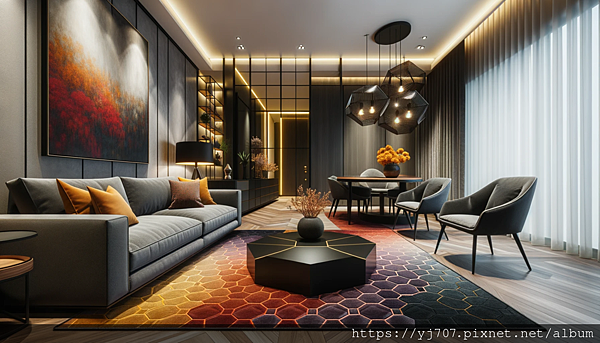 DALL·E 2023-10-15 18.32.26 - Wide photo of a chic modern living area where a deep gray sofa, set against a vibrant rug, takes center stage. In front of the sofa sits a striking bl.png