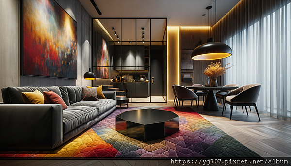 DALL·E 2023-10-15 18.32.22 - Wide photo capturing the essence of a contemporary living room with a plush deep gray sofa, a vivid multicolored rug, and a prominent black hexagonal .png