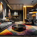 DALL·E 2023-10-15 18.32.22 - Wide photo capturing the essence of a contemporary living room with a plush deep gray sofa, a vivid multicolored rug, and a prominent black hexagonal .png