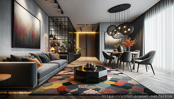 DALL·E 2023-10-15 18.32.29 - Wide photo of a stylish contemporary living and dining space. Dominating the living area is a deep gray sofa complemented by a multicolored rug and a .png