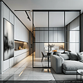 DALL·E 2023-11-03 00.30.20 - A modern living room and kitchen space design featuring a prominent partition door with an ultra-fine black aluminum frame. The living room has a mini.png