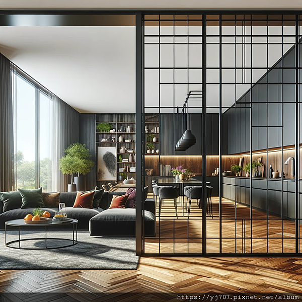 DALL·E 2023-11-03 00.30.25 - A contemporary open-plan living room and kitchen design centered around a statement partition door with a slender black aluminum frame. The room is ba.png