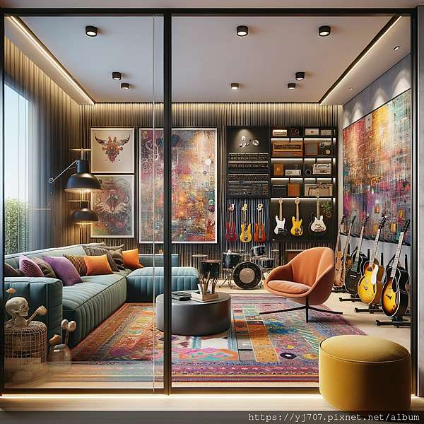 DALL·E 2023-11-03 00.35.25 - A contemporary living room and music room design, where the focal point is a glass partition door with a black ultra-fine aluminum frame. The living r.png