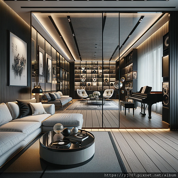 DALL·E 2023-11-03 00.35.21 - A modern living room that flows into a music room, highlighted by a glass partition door with a black ultra-fine aluminum frame. The living room featu.png